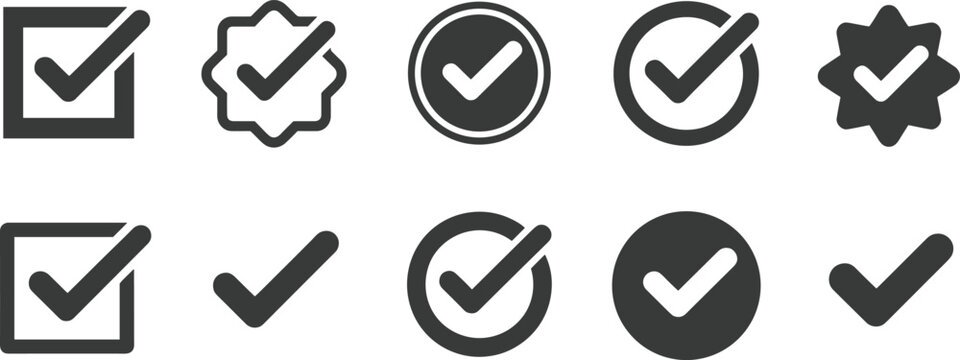 Check mark and tick vector icon set, success validation symbols in circles and squares for business checklists