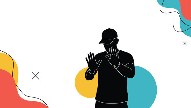 Refusal and warning concept shown with dark silhouette of man in a baseball cap holding both hands up in a firm stop gesture on colorful background.
