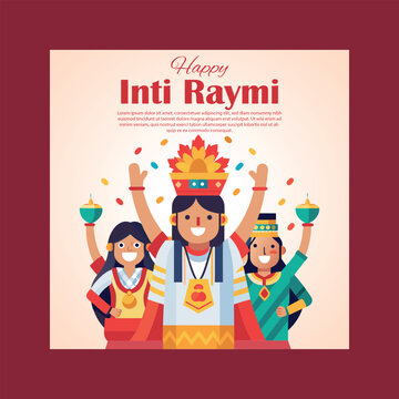 A vibrant illustration celebrating the happy inti raymi festival, featuring three joyful people in traditional attire with raised arms and confetti