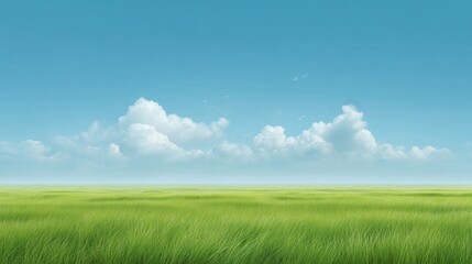 Obraz premium Expansive Green Grass Field Under Bright Blue Sky with Fluffy White Clouds in a Serene Natural Landscape Scene