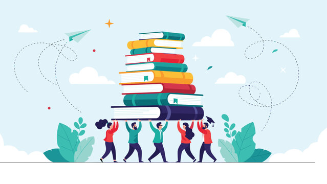 Knowledge sharing and collaborative education concept with a group of diverse people lifting a massive pile of books on a blue background.