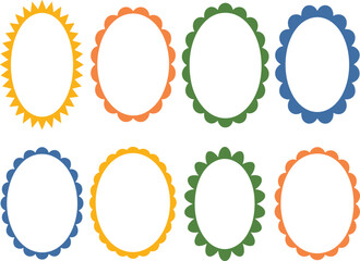 Colorful oval scallop frame vector set, decorative wavy border labels for product packaging and creative craft design © Al