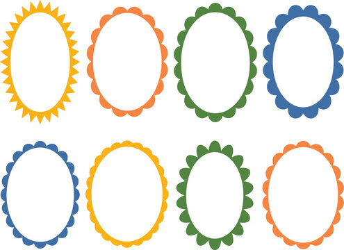 Colorful oval scallop frame vector set, decorative wavy border labels for product packaging and creative craft design