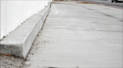 Urban Concrete Sidewalk Curbs with Textured Surface and Visible Dust Alongside a Clean White Wall in an Outdoor Setting