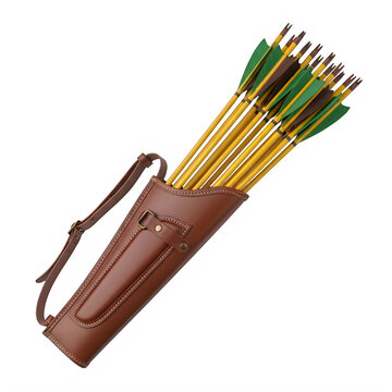 A brown leather quiver full of colorful arrows