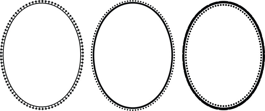 Oval dotted frame vector set, black circular dashed line borders for decorative label and creative badge design