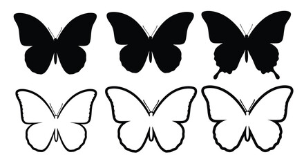 Three black butterflies and three white outlines a striking silhouette © MD