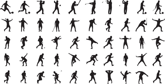 Set of various sports people silhouettes in different poses and activities, black vector illustration icons collection.