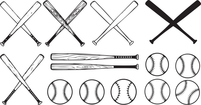 Baseball equipment vector illustration set featuring crossed bats, single bats, and baseball icons in various styles for sports design.