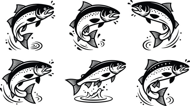 Dynamic Jumping Fish Silhouette Vector Art &ndash; Salmon and Trout in Motion with Splash Effects, Perfect for Fishing Logos, Outdoor Graphics, and Wildlife Decor