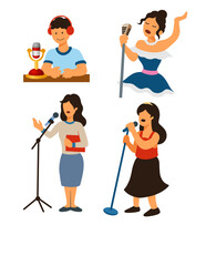 Fototapeta premium People using microphone presentation, singing, and podcast illustration
