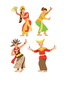 Indonesian traditional dance. Pendet, Jaipong, Mandau and candle dance performance illusration.