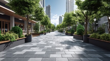 Obraz premium Modern Urban Walkway Surrounded by Lush Greenery and Contemporary Architecture in Bright City Setting