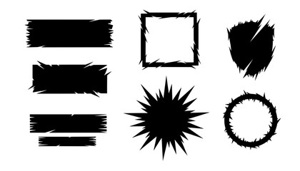Set of black spiky bursts, slashed shield, jagged edge circle frame, and torn blank banners. Perfect for aggressive gaming UI, comic labels or tags