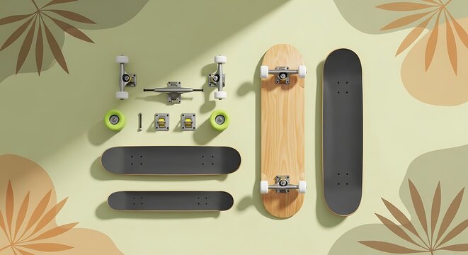 Skateboard parts and assembled skateboards.