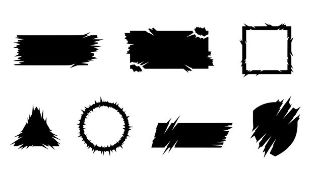 Set of black slashed shield, torn brush stroke banners, and rough geometric shapes. Perfect for grunge text boxes, edgy gaming UI or comic labels