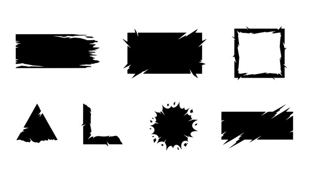 Set of black distressed geometric shapes and solid banners with torn jagged edges. Perfect for grunge labels, comic design, or text box backgrounds