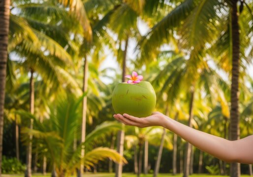 A hand holding a green coconut with a tropical flower on top in a lush palm tree forest