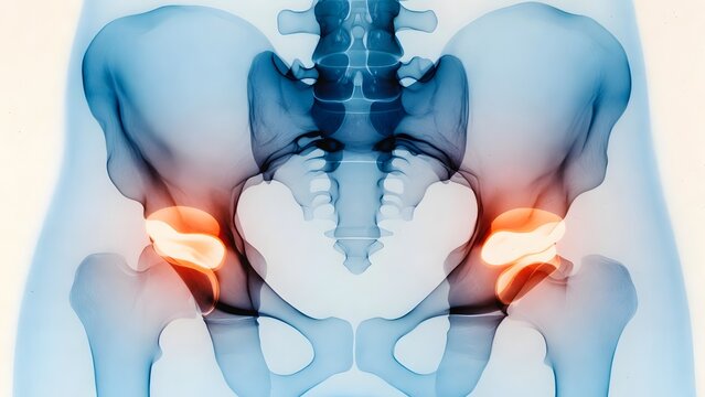 Human hip joint inflammation and pelvic bone anatomy. Medical healthcare and orthopedic surgery concept. 3D illustration of a skeletal pelvis with painful glowing hip joints