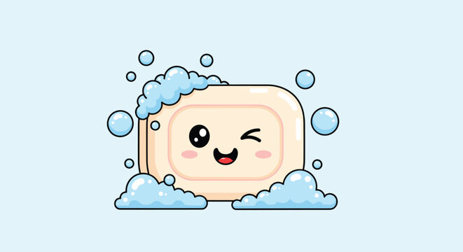 Cute animated bar of soap with a cheerful winking face and rosy cheeks is surrounded by many blue bubbles on a light blue background for bath time.