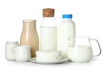Different dairy products on white background