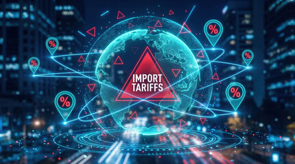 Obraz premium Global trade import tariff policy finance world globe with us tariff policy and glowing percent