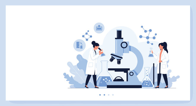 Two female scientists in white coats conduct research in a modern laboratory using a large microscope and various glass beakers for experiments.