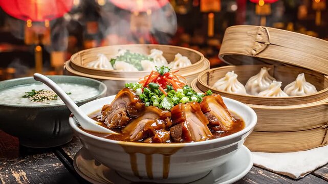 Steaming Bowl of Braised Pork Belly and Dumplings in a Chinese Restaurant Setting