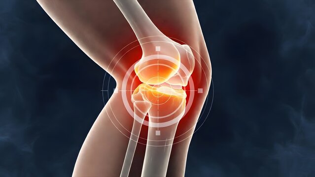 Knee joint anatomy with localized inflammation and pain target. Orthopedic health and medical diagnosis. 3D rendering of a human leg showing painful skeletal joint structure