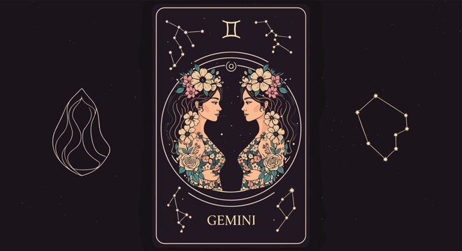Stylized Gemini tarot card illustration featuring twin women with flowers in their hair surrounded by stars and constellations.