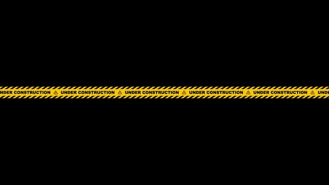 Under construction sign tape animation with yellow and black diagonal stripes. 4K Video transparent background with alpha channel