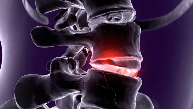 Spinal cord injury and degenerative disc disease illustration. Vertebral column inflammation and chronic pain. 3D skeletal view of glowing red lesion in the human back bones