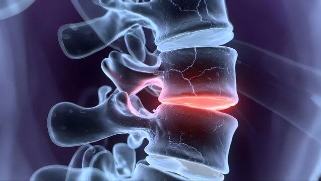 X-ray scan of lumbar spine vertebral fracture and bone pain. Radiographic diagnostic and spinal surgery. Glowing indicator on cracked vertebra of a human skeletal column
