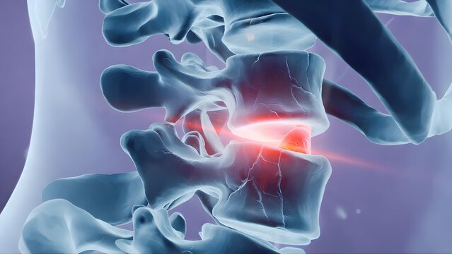 Slipped disc and spinal vertebrae inflammation diagnostic scan. Chiropractic care and back pain relief. High tech medical illustration showing glowing lesion in the human spine