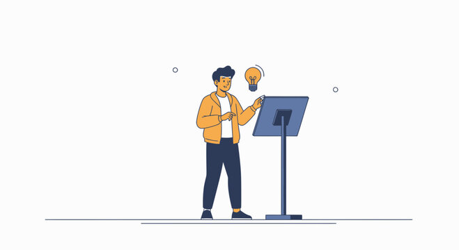 Man with Light Bulb Idea at Podium, Presentation, Innovation Concept