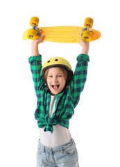 Fototapeta premium Adorable little girl with skateboard and helmet on white background
