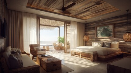 Serene Coastal Bedroom Retreat with Ocean View and Natural Decor Elements for Relaxation