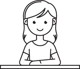 Obraz premium Hand Drawn Woman Sitting at Desk Black and White Avatar Illustration in Minimal Line Art Style Design