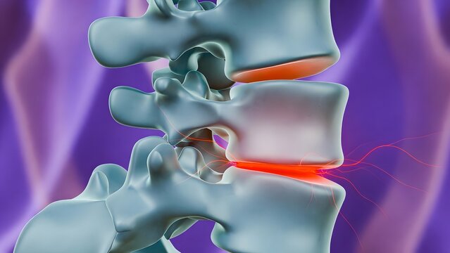 Degenerative disc disease and nerve root irritation. Chronic back pain and spinal rehabilitation. Nerve fibers emerging from an inflamed vertebral disc