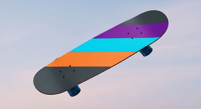 Colorful skateboard flying through air.