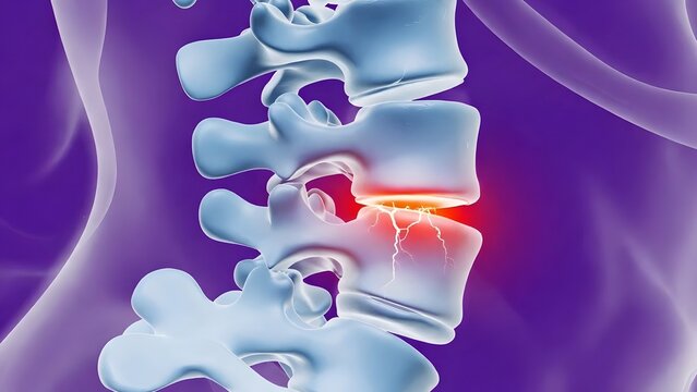 Spinal disc collapse and neural electricity pain. Vertebral inflammation and sciatica symptoms. Conceptual illustration of nerve signals in the spine