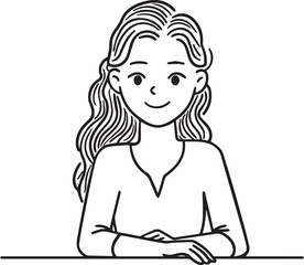 Hand Drawn Woman Sitting at Desk Black and White Avatar Illustration in Minimal Line Art Style Design