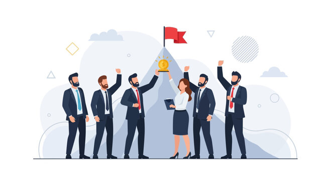 Team celebrating success on mountain peak with trophy and flag