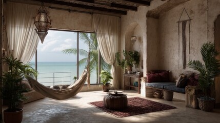 Fototapeta premium Tranquil Beachfront Living Room with Hammock and Large Windows Offering Stunning Ocean View and Natural Light