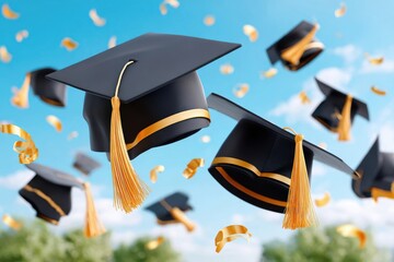 Obraz premium Black and gold graduation caps tossed in the air at a joyful commencement celebration