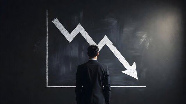 Business failure and economic recession concept. Financial loss and stock market crash. Businessman looking at a downward arrow trend on a blackboard representing bankruptcy