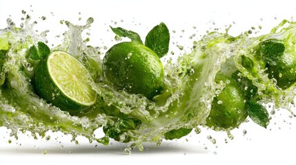 Obraz premium Fresh Limes and Mint Leaves Splashing in Clear Water