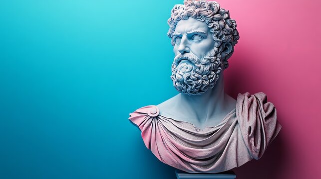 A classical marble bust of a bearded man with a toga, illuminated by teal and pink light. A split-tone artistic portrait against a dual-color background with left-side copy space.