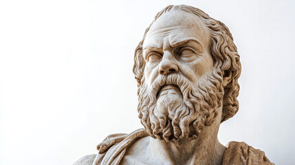 Close-up of a marble bust featuring a bearded Greek philosopher, likely Socrates, against a clean white background. The sculpture highlights intricate textures in the hair, beard, and brow.