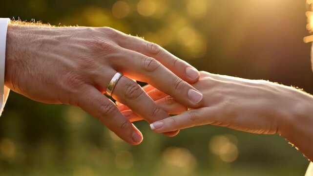 Close-up of couple holding hands outdoors.